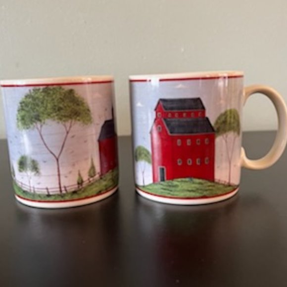 Set of 2 Warren Kimble RED BARNS 1998 Folk Art Coffee Mugs ~ Sakura ~ Americana - Picture 4 of 10